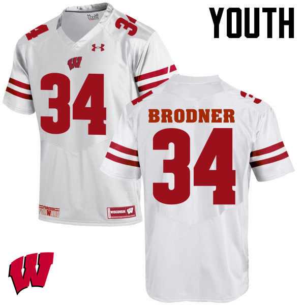 Wisconsin Badgers Youth #34 Sam Brodner NCAA Under Armour Authentic White College Stitched Football Jersey UF40T10GB